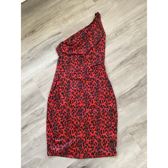 Mapale One-Shoulder Red Leopard with Chain Dress 4556 Size-Medium - Picture 2 of 5